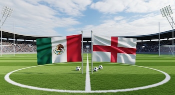 Campo de fútbol con banderas de México e Inglaterra, cuatro balones de fútbol, gradas con espectadores, porterías y torres de iluminación.