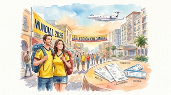 Pareja colombiana con camisetas de la Selección, mochilas, banderas del Mundial 2026, edificios, avión, y recibos de viaje.