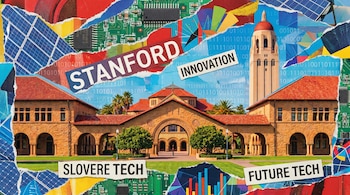 Collage visual que presenta la Universidad de Stanford y la Torre Hoover, mezclando edificios con paneles solares, circuitos impresos y códigos binarios.