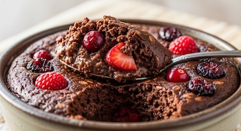 Vista cercana de un budín de avena y cacao oscuro en un tazón. Una cuchara levanta una porción, mostrando fresas, frambuesas y arándanos.