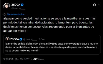 Captura de pantalla de Twitter mostrando dos tuits del usuario Zecca en un fondo oscuro con texto blanco, hablando sobre la mentira y el miedo