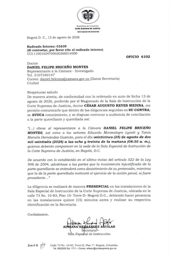 La Corte Suprema citó a Daniel Briceño, Eduardo Montealegre y Tania Marcela Hernández a una audiencia presencial de conciliación en Bogotá - crédito Daniel Briceño/X