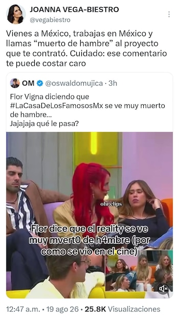 Captura de pantalla de redes sociales con publicaciones de Joanna Vega-Biestro y Oswaldo Mujica sobre Flor Vigna y un video con participantes de un reality