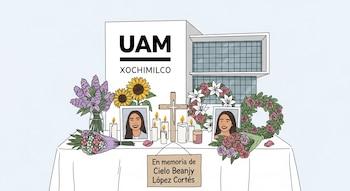 Ilustración plana de una ofrenda: mesa con mantel, velas formando cruz, ramos de flores, fotos de joven y un cartel 'En memoria de Cielo Beanjy López Cortés'.