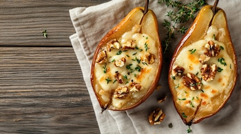 Peras horneadas, queso, nueces, contraste dulce-salado, receta casera. - (Imagen Ilustrativa Infobae)