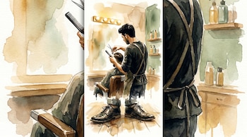 Ilustración de un peluquero con delantal negro cortando el cabello de un cliente sentado. Sostiene tijeras y peine. Se ven zapatos de cuero, silla, espejo y estantes con botellas.