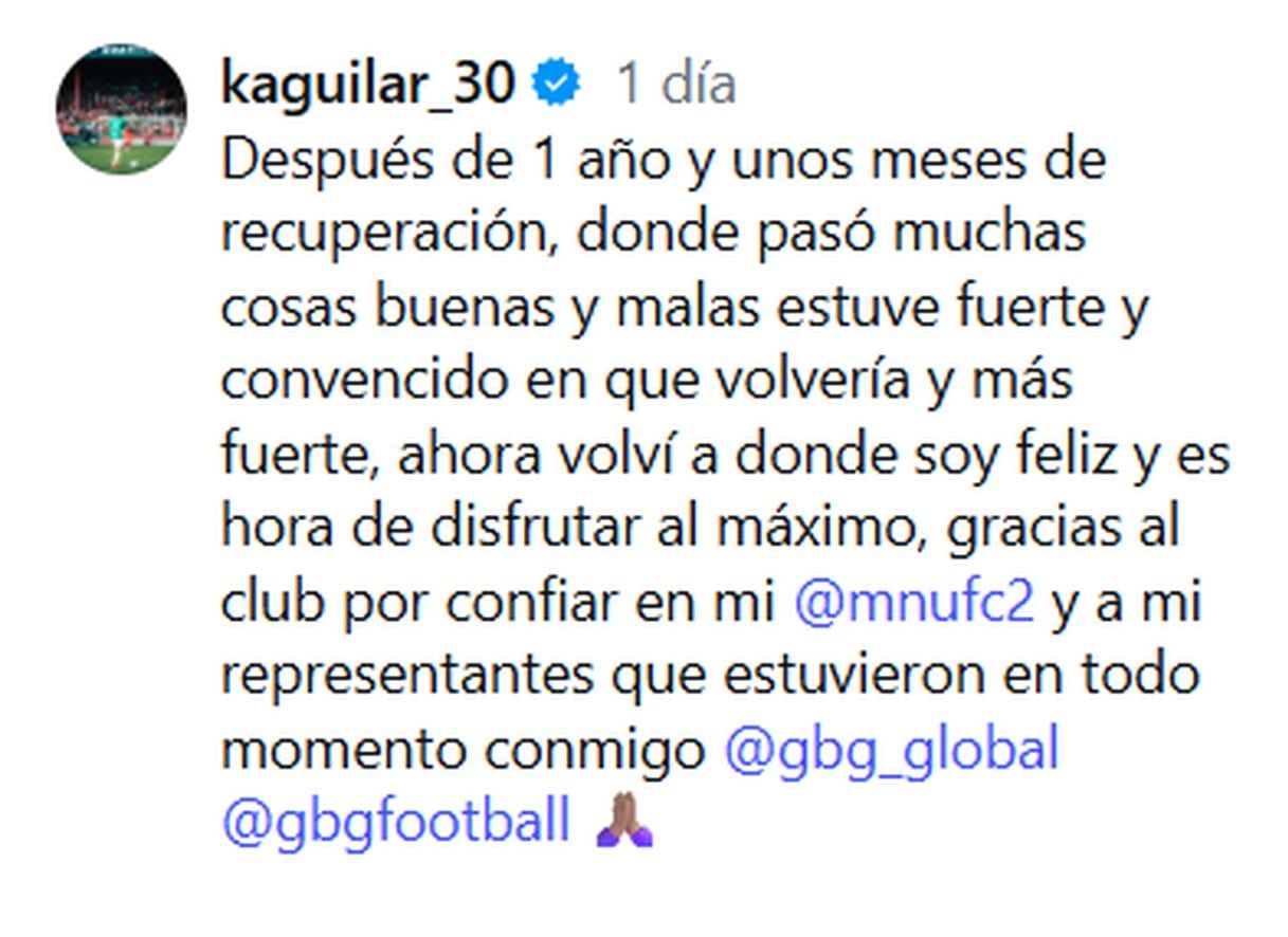Después de reaparecer en las canchas, Kluiverth Aguilar compartió un mensaje de gratitud y fortaleza. El defensor aseguró que se mantuvo convencido de regresar y ahora busca disfrutar nuevamente del fútbol. (Instagram)