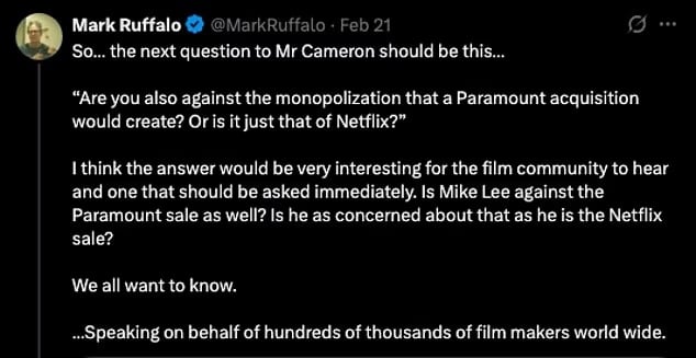 Mark Ruffalo cuestionó la carta de James Cameron contra la transacción de Netflix. (X/Mark Ruffalo)