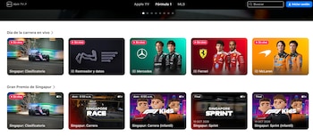 Captura de pantalla del menú de Apple TV con varias miniaturas de transmisiones deportivas del Gran Premio de Singapur de Fórmula 1