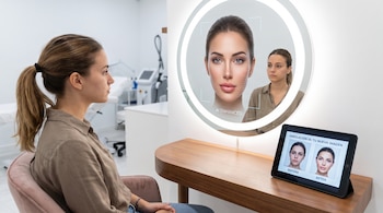 Mujer sentada de perfil frente a espejo iluminado y tableta. El espejo muestra simulación facial por IA y el reflejo de la mujer. La tableta exhibe imágenes de antes y después.