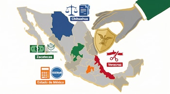 Mapa de México con Zacatecas, Veracruz, Chihuahua y Estado de México resaltados y con iconos. Una mano sostiene el escudo de la Suprema Corte de Justicia.