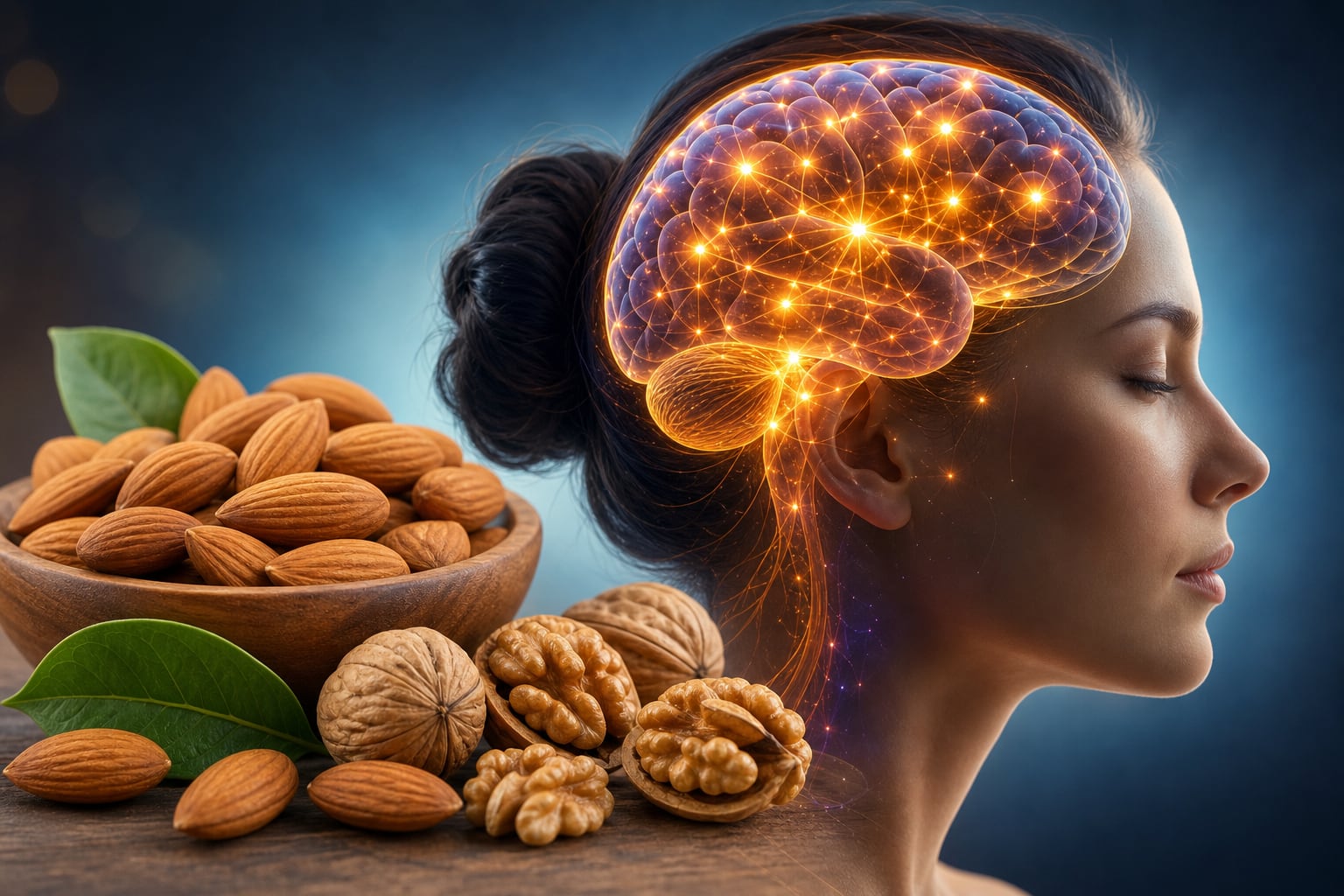 Una composición digital asocia el consumo de almendras y nueces con la activación de las conexiones neuronales en el cerebro humano. (Imagen Ilustrativa Infobae)