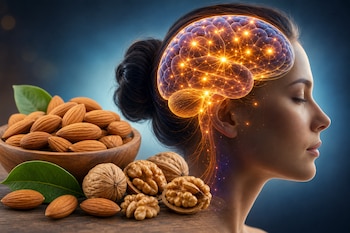 Perfil de una mujer con un cerebro iluminado junto a un cuenco con almendras y varias nueces sobre una superficie de madera.