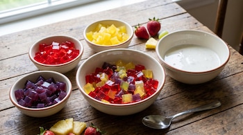 Cinco bowls sobre una mesa de madera: tres con cubos de gelatina roja, amarilla y morada, uno mezclado, y uno con gelatina de leche. Una cuchara y frutas frescas.