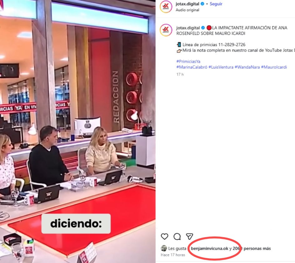 La captura de pantalla de un post de Instagram de Jotax Digital muestra a Benjamín Vicuña reaccionando a una noticia sobre Mauro Icardi, generando revuelo.