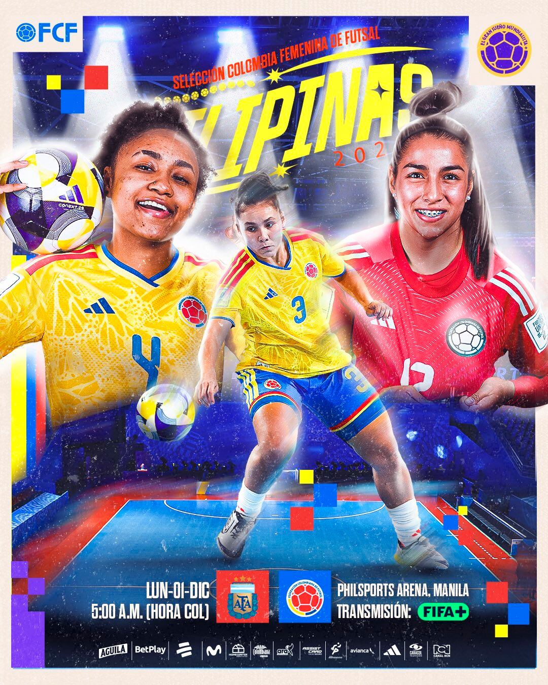 Afiche del partido de la selección Colombia vs. Argentina en los cuartos de final de la Copa Mundial Femenina de Futsal de la FIFA - crédito FCF