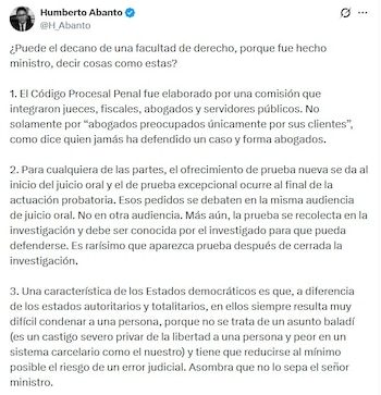 Captura de pantalla de una publicación en la red social X escrita por Humberto Abanto con texto sobre derecho penal
