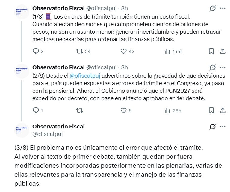 El Observatorio Fiscal de la Universidad Javeriana apuntó que los errores de trámite también tienen un costo fiscal - crédito @OfiscalPUJ/X