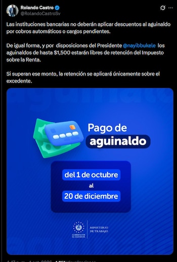 Mensaje del ministro de Trabajo, Rolando Castro a través de redes sociales.