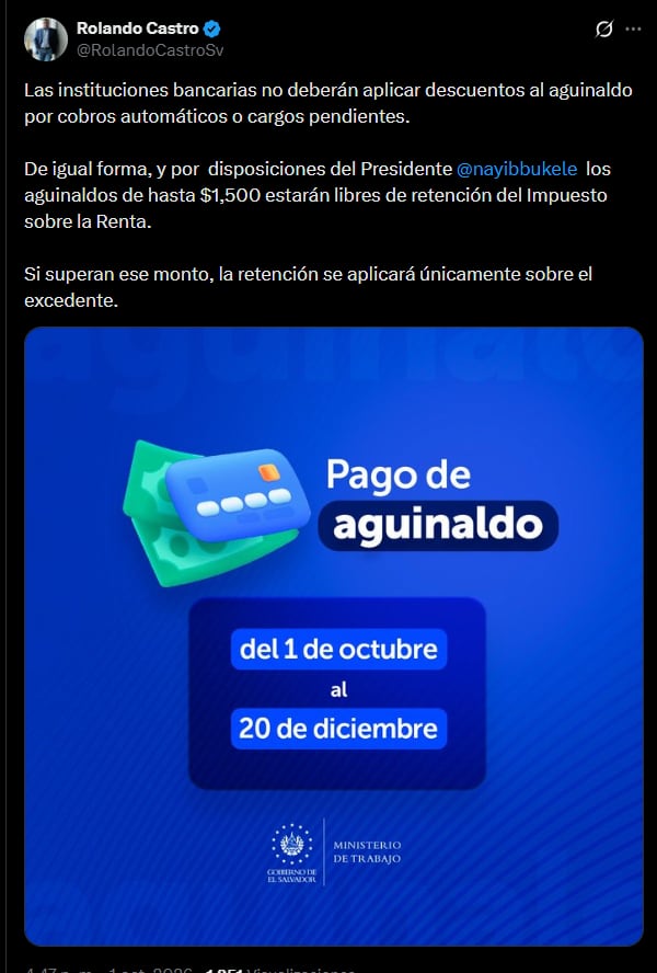 Mensaje del ministro de Trabajo, Rolando Castro a través de redes sociales.