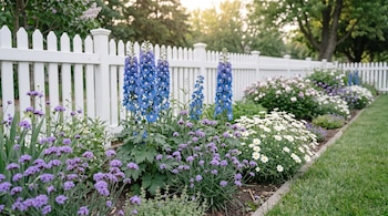Una hilera de flores azules altas, moradas pequeñas y blancas redondas en un jardín al lado de una valla de estacas blanca y un césped verde.