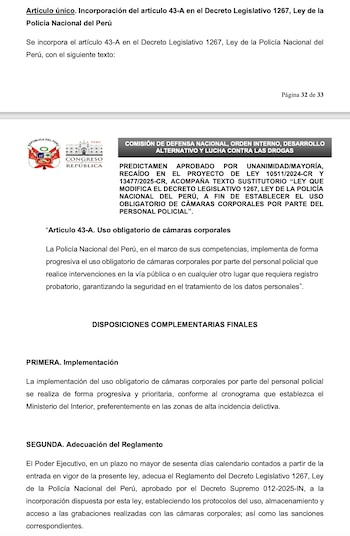 Dictamen para que policías usen obligatoriamente cámaras policiales.