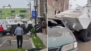 Tanqueta de la ONU estuvo a punto de causar una tragedia en Chorrillos: aplastó auto estacionado frente a una vivienda
