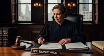 La jueza Eleanor Vance, vestida con toga negra, escribe en un documento en su escritorio de madera. Hay un mazo, libros de leyes y una vista de la ciudad por la ventana.