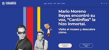 Captura de pantalla de un sitio web azul con retratos del actor Cantinflas, texto promocional y botones para comprar boletos
