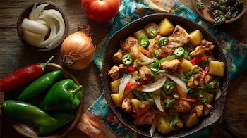 Platillo mexicano con pollo cocinado en salsa de jitomate, papas, pimientos y chiles verdes. - (Imagen Ilustrativa Infobae)