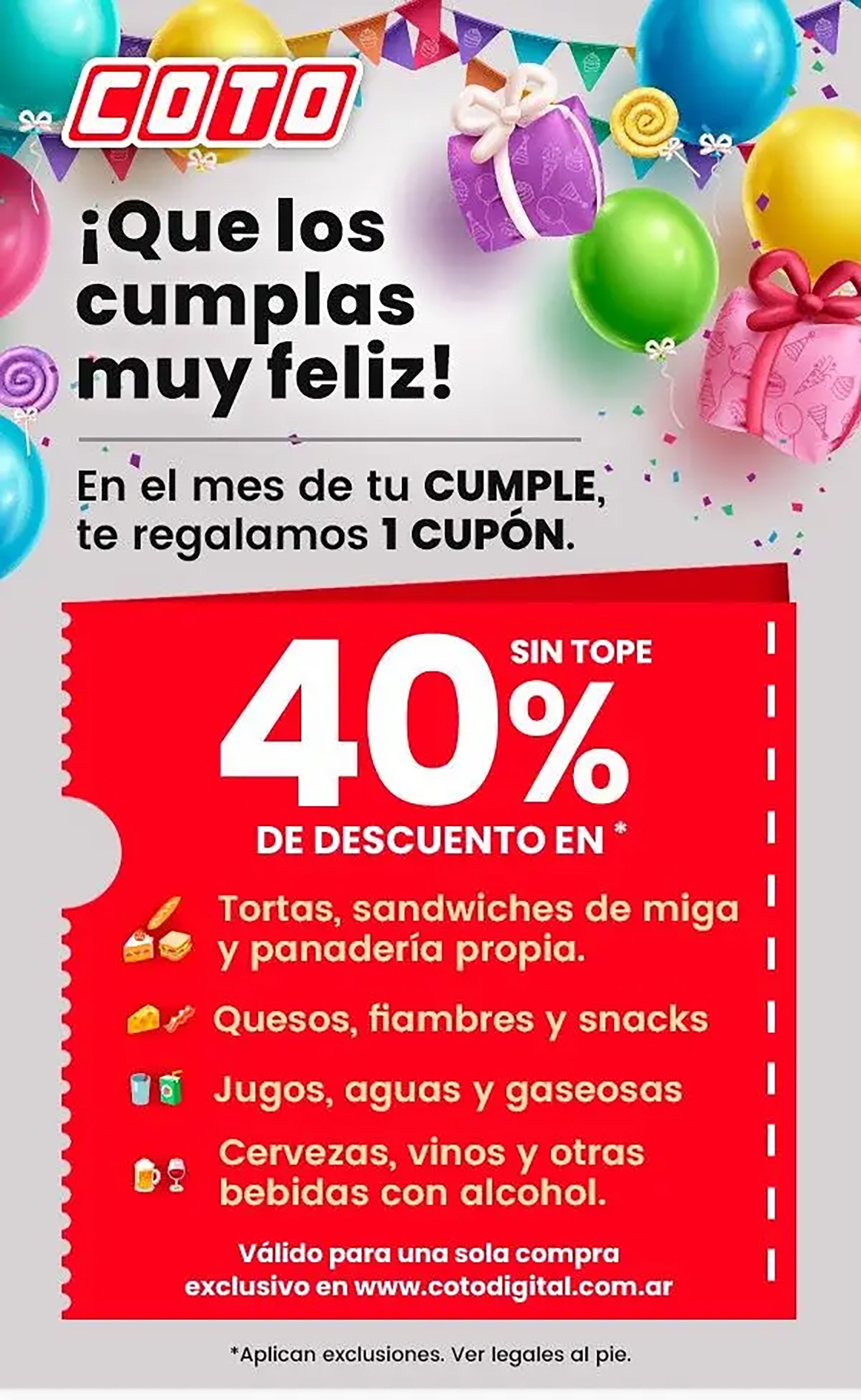Coto ofrece un cupón digital del 40% de descuento para una única compra online, válido en panadería, quesos, fiambres, snacks y bebidas