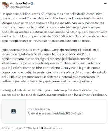 Gustavo Petro entregó informe estadístico que cuestiona resultados en mesas con votaciones irregulares - crédito @petrogustavo/X