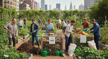 Un grupo diverso de personas colabora en un jardín comunitario urbano, mezclando compost en bins de malla y cuidando cultivos, con rascacielos de Nueva York al fondo.