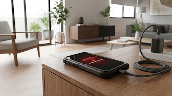 Un celular negro con funda protectora conectado a un cargador sobre una mesa de madera. La pantalla muestra una advertencia roja de sobrecalentamiento.