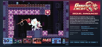 Captura de pantalla del videojuego Gravity Circuit, mostrando un personaje rojo atacando a un personaje blanco en un nivel de plataformas de estilo pixel art con tonos morados y grises