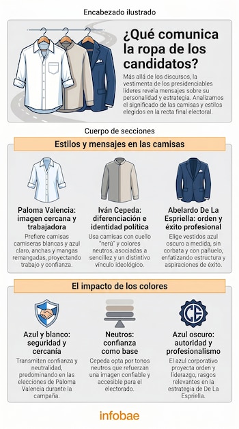 Infografía que muestra tres ilustraciones de prendas de vestir: una camisa blanca, una camisa beige con cuello nerú y un saco de traje azul marino.