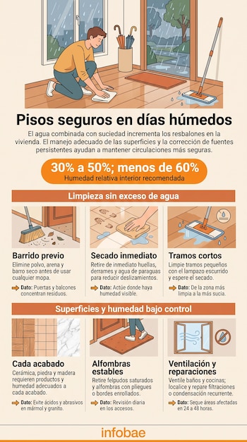 Infografía con ilustraciones de una persona limpiando un piso, una escoba, una ventana abierta, recuadros informativos y el logotipo de Infobae.