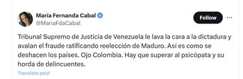 La congresista María Fernanda Cabal criticó ratificación de Nicolás Maduro como presidente electo de Venezuela - crédito @MariaFdaCabal/X
