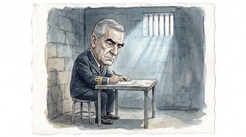El Vicealmirante Manuel Roberto Farías Laguna, en una caricatura editorial, escribe una carta manuscrita dentro de una celda austera. (Imagen Ilustrativa Infobae)