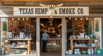 Vista frontal de la tienda Texas Hemp & Smoke Co. con fachada de madera, grandes escaparates que muestran productos de CBD y pipas, y dos hombres en el mostrador.