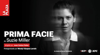Cartel en blanco y negro con el rostro de Wendy Vásquez Larraín y texto publicitario de la obra teatral Prima Facie