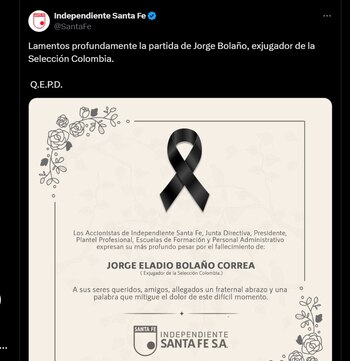 Reacción de Santa Fe por la muerte de Jorge Bolaño - crédito @SantaFe/X