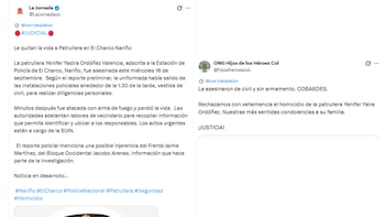 Las autoridades analizan si el asesinato de la patrullera estaría relacionado con un posible plan pistola contra la Fuerza Pública en el suroccidente de Colombia - crédito @hijosheroescol/X @LaJornadaco/X