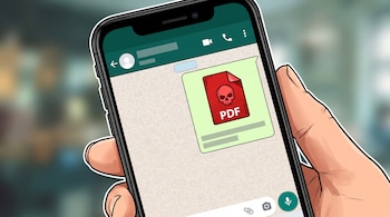 Mano que sostiene un teléfono inteligente con la pantalla de chat de WhatsApp donde aparece un icono rojo de PDF con una calavera.