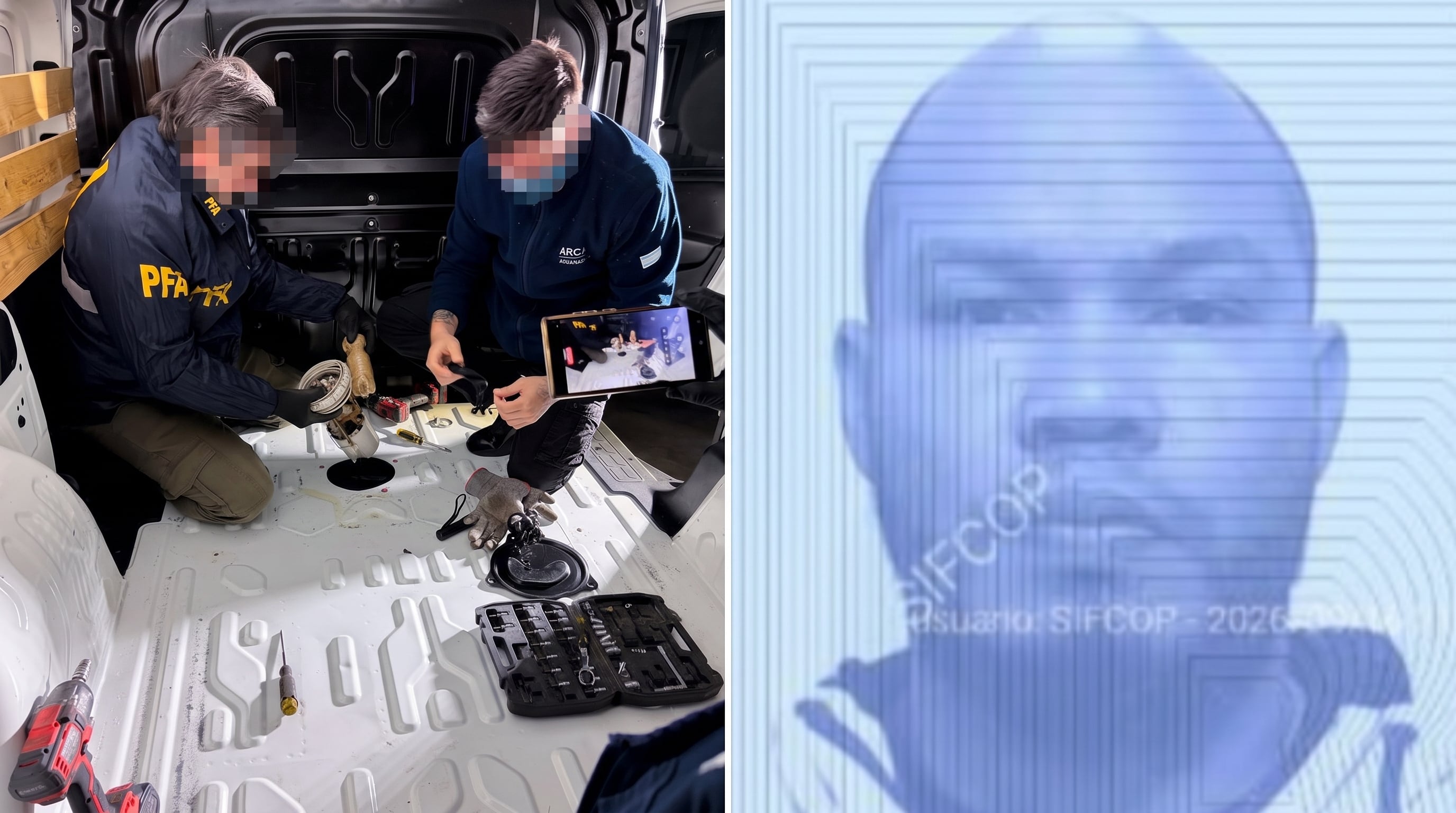 Agentes de la Policía Federal Argentina y de la Aduana inspeccionan el compartimento de un vehículo junto a la ficha policial de Polanco (Imagen Ilustrativa Infobae)