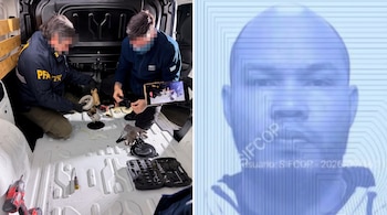 Dos efectivos de seguridad revisan la estructura interna de una camioneta blanca junto a la fotografía digital del rostro de un hombre.