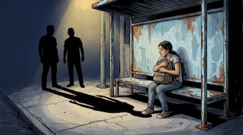 Dibujo de una joven sentada en una parada de autobús con una mochila, junto a dos siluetas de hombres de pie en una acera iluminada.