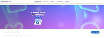 Captura de pantalla de la PlayStation Store. Banner promocional morado con texto blanco "Ahorros de otro nivel" y "Ahorra hasta 75%". Fondo con formas azuladas