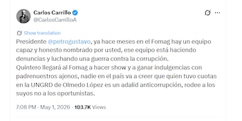 Carrillo também questionou o trabalho de Quintero na Ungrd e argumentou que sua chegada ao cargo não será tomada como um sinal anticorrupção pela opinião pública - crédito @CarlosCarrilloA/X