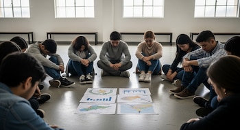 Un grupo de jóvenes de diversas etnias centroamericanas sentados en círculo en el suelo de una sala, observando gráficos y mapas de la región.
